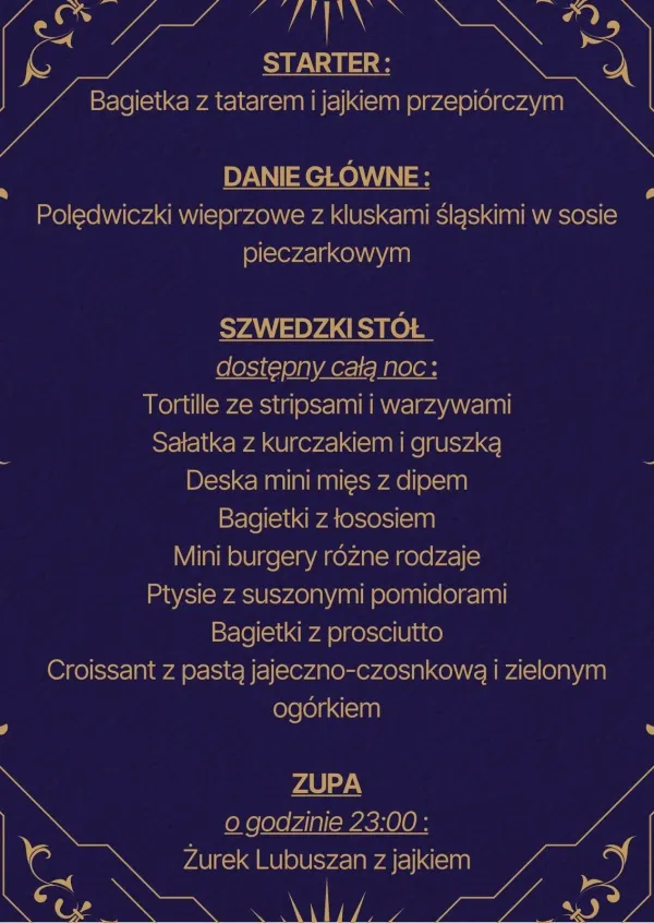 Menu restauracji Magiczna Gruszka z ofertą przystawek, dań głównych i zupy na wieczór andrzejkowski.