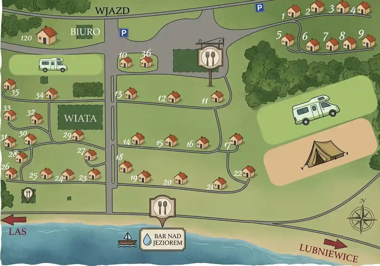 Plan ośrodka Magic Camping w Lubniewicach z numerami domków, biurem, restauracją, barem nad jeziorem, polem namiotowym i miejscami dla kamperów
