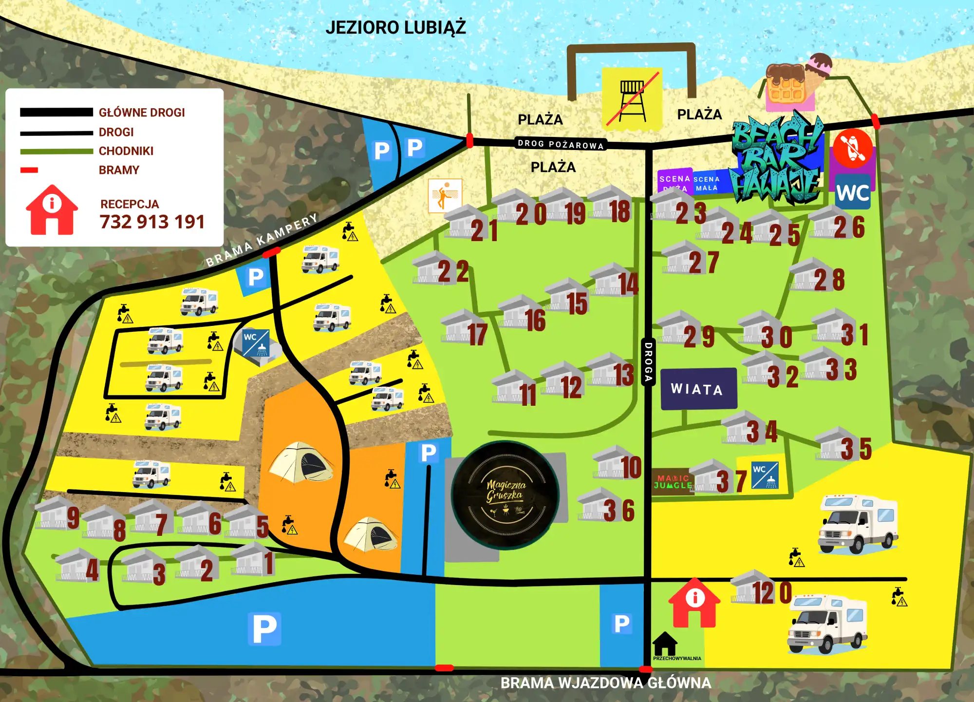 Plan ośrodka Magic Camping w Lubniewicach: numery domków, recepcja, restauracja Magiczna Gruszka, Beach Bar Hawaje, plaża nad jeziorem Lubiąż, pole namiotowe, miejsca dla kamperów, parkingi, sanitariaty, wiata i bramy wjazdowe