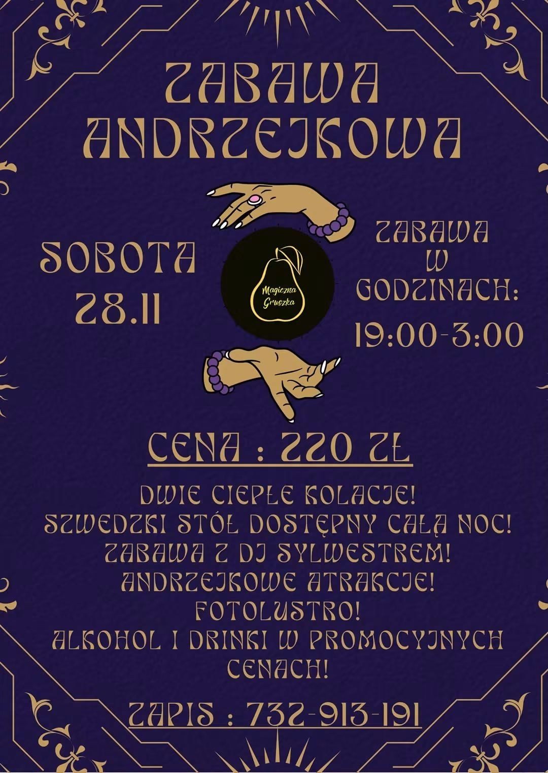 Plakat wydarzenia Andrzejki w Magicznej Gruszce, 28 listopada 2026, Restauracja Magiczna Gruszka, Lubniewice