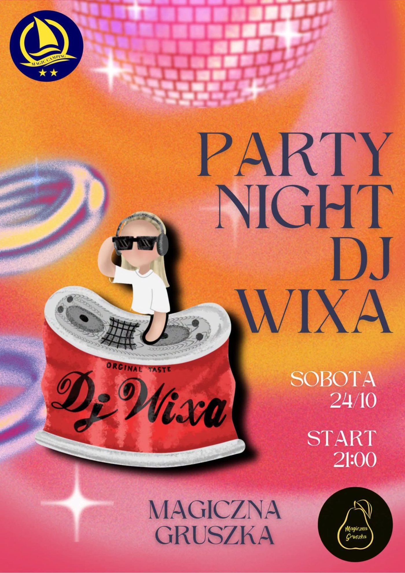 Plakat wydarzenia Party Night z DJ Wixą, 24 października 2026, Restauracja Magiczna Gruszka, Lubniewice